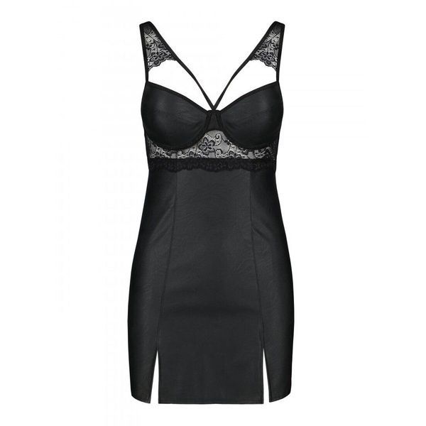 Бэби-долл из эко-кожи и кружева Passion LOONA CHEMISE L/XL, black SO5358 фото