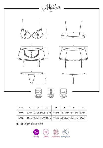 Еротичний костюм покоївки Obsessive Maidme set 5pcs S/M, бюстгальтер, пояс з фартухом, панчохи, стрі SO7290 фото