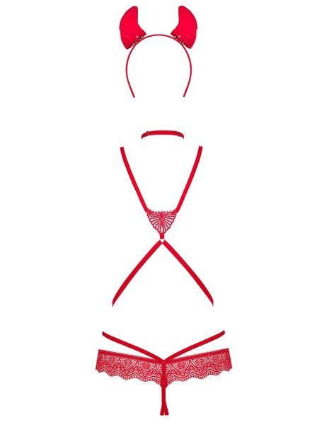 Еротичний костюм чортика зі стреп Obsessive Evilia teddy red S/M, боді, чокер, накладки на соски, об SO7706 фото