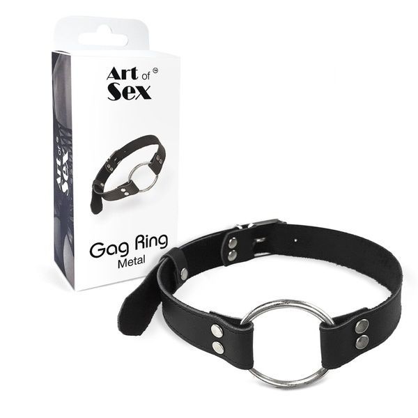 Кляп металеве кільце на ременях Art of Sex &ndash; Gag Ring Metal, чорний, натуральна шкіра SO6790 фото