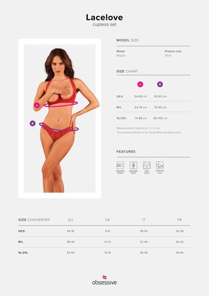 Комплект білизни Obsessive Lacelove cupless 2-pcs set XS/S Red, відкритий доступ, відкриті груди SO8652 фото