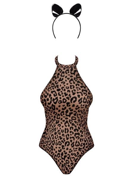 Эротический костюм леопарда Obsessive Leocatia teddy S/M, боди, обруч с ушками SO7712 фото