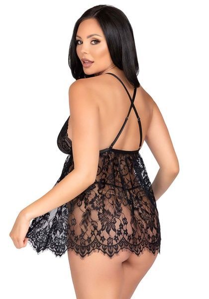 Сорочка беби-долл Leg Avenue Floral lace babydoll & string Black L, стринги SO9171 фото
