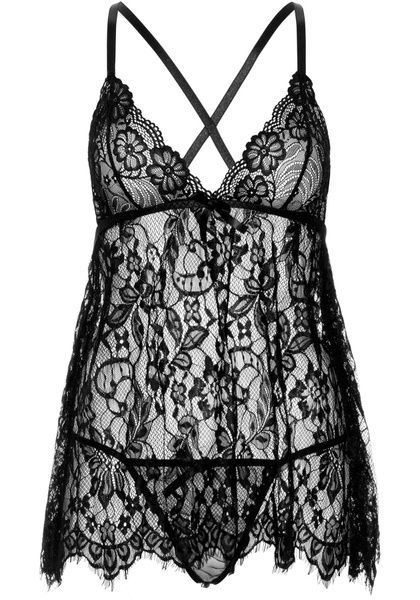 Сорочка беби-долл Leg Avenue Floral lace babydoll & string Black L, стринги SO9171 фото