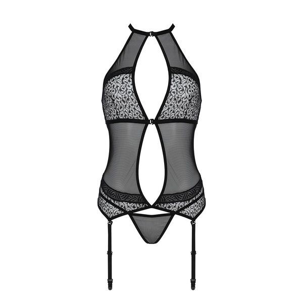 Корсет з пажами Passion SATARA CORSET S/M black, стрінги, мереживо, застібки спереду та ззаду SO8476 фото