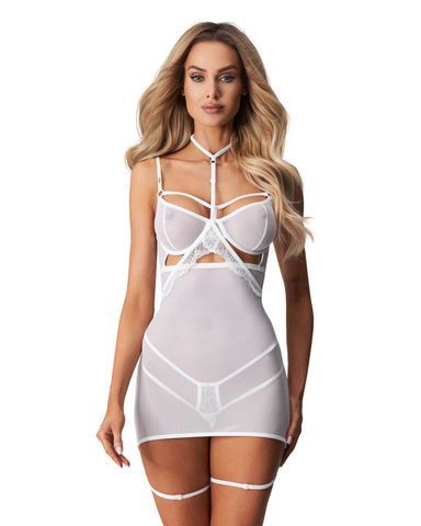 Бебі-дол Obsessive Arrowel White chemise S/M, з декоративним чокером та гартерами SX2588 фото