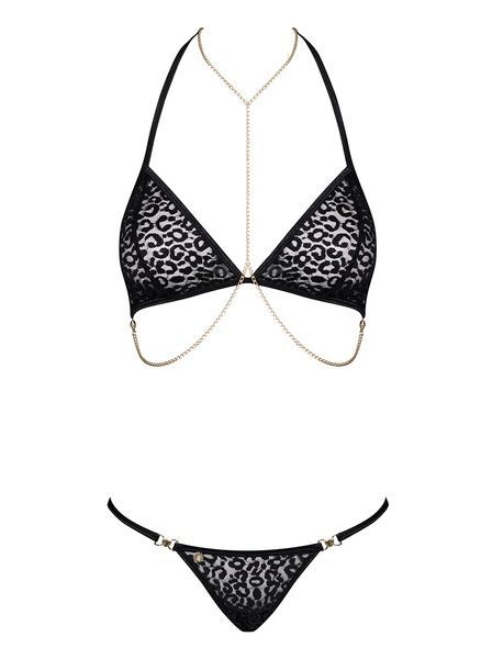 Комплект с цепочками Obsessive Pantheria 2-pcs set black S/M, бюстгальтер, трусики SO7875 фото