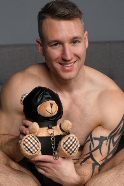 Плюшевий ведмедик HOODED Teddy Bear БДСМ у шкіряному капюшоні з повідцем, 23x16x12 см SO9815 фото
