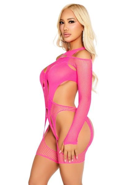 Бодістокінг Leg Avenue Fishnet Garter Harness and Teddy One Size Neon Pink SX2770 фото