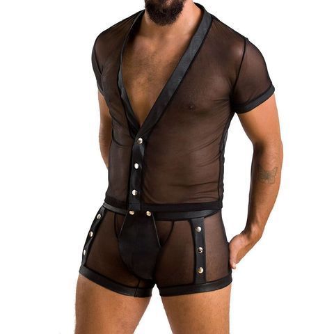 Комплект сетчатого мужского белья Passion 052 SET MICHAEL L/XL black, рубашка, боксеры, заклепки SO7624 фото