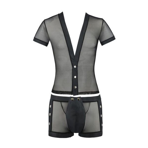 Комплект сетчатого мужского белья Passion 052 SET MICHAEL L/XL black, рубашка, боксеры, заклепки SO7624 фото