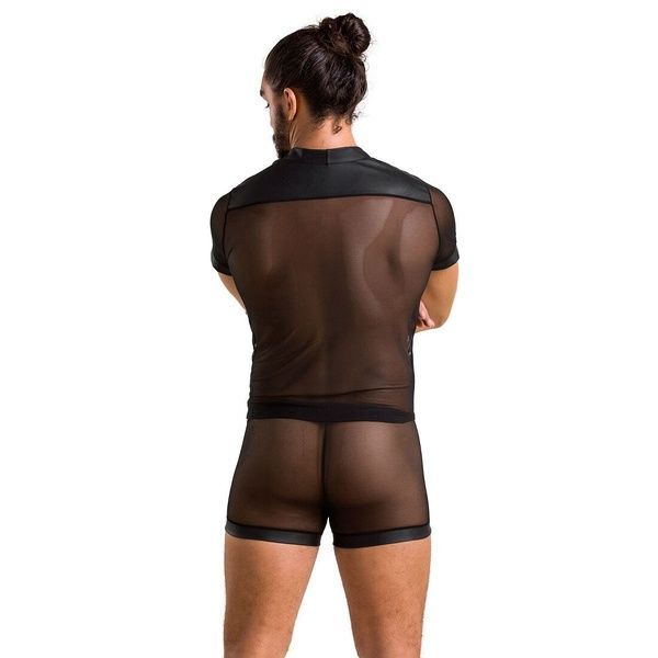 Комплект сетчатого мужского белья Passion 052 SET MICHAEL L/XL black, рубашка, боксеры, заклепки SO7624 фото
