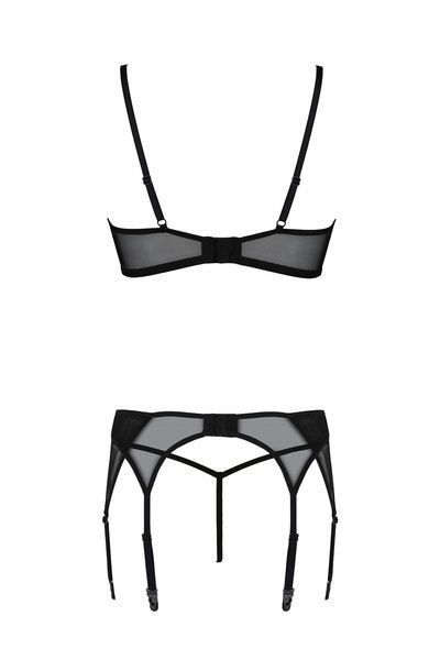 Комплект Passion LEAFA SET black S/M, кружево+сетка, бюстгальтер на косточках, стринги, пояс для чулок SX0510 фото