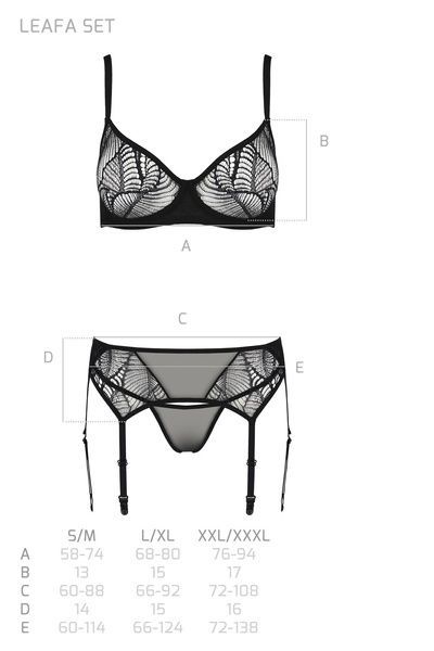 Комплект Passion LEAFA SET black S/M, кружево+сетка, бюстгальтер на косточках, стринги, пояс для чулок SX0510 фото
