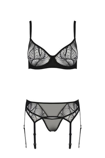 Комплект Passion LEAFA SET black S/M, кружево+сетка, бюстгальтер на косточках, стринги, пояс для чулок SX0510 фото