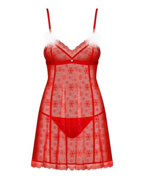 Новорічна сорочка Obsessive Claussica S/M, червона, прозора з візерунком, стрінги в комплекті SX3081 фото