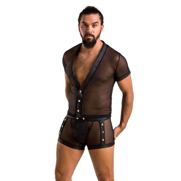 Комплект сетчатого мужского белья Passion 052 SET MICHAEL S/M black, рубашка, боксеры, заклепки SO7625 фото