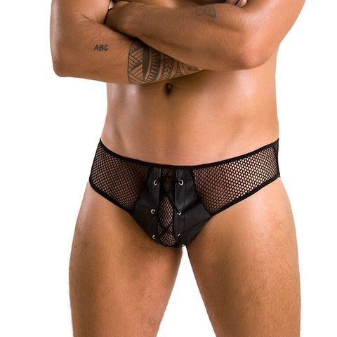 Мужские трусы со шнуровкой Passion 035 SLIP RICHARD L/XL Black, экокожа, сетка SO7576 фото