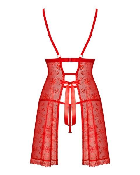 Новорічна сорочка Obsessive Claussica L/XL, червона, прозора з візерунком, стрінги в комплекті SX3082 фото