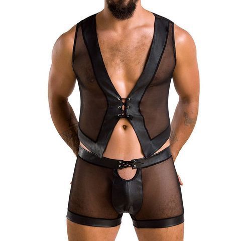 Комплект мужского белья на шнуровке Passion 053 SET WILLIAM S/M Black, жилет, боксеры SO7628 фото