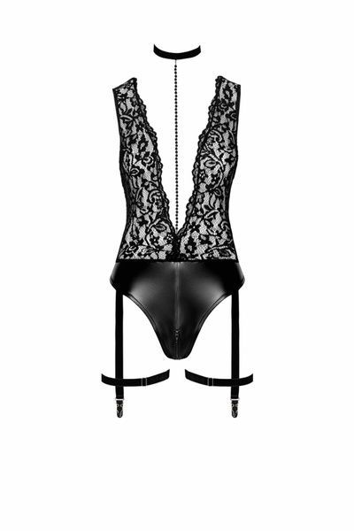 Боди Noir Handmade F297 Libido, 3XL, черное, кружево, низ под латекс, открытый доступ, гартеры SX0224 фото