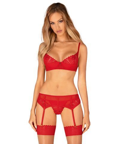 Комплект Obsessive Ingridia 3-pcs set XS/S, красный, бюстгальтер, стринги, пояс SO9034 фото