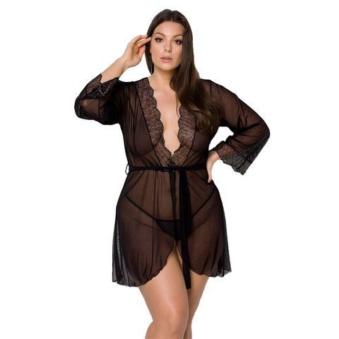 Пеньюар Passion AMBERLY PEIGNOIR 6XL/7XL, black, ажурные декольте и манжеты, широкие рукава SO7054 фото
