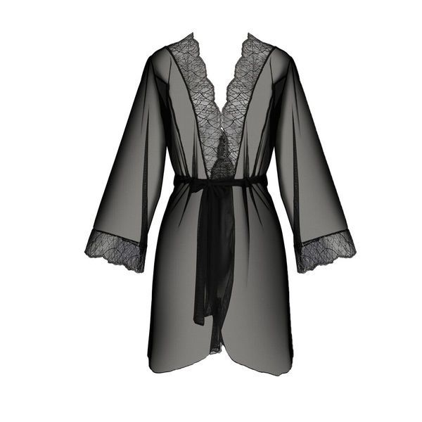 Пеньюар Passion AMBERLY PEIGNOIR 6XL/7XL, black, ажурные декольте и манжеты, широкие рукава SO7054 фото