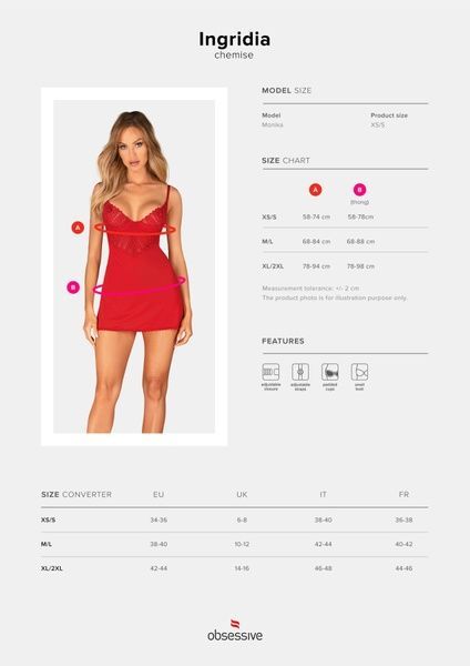 Пеньюар Obsessive Ingridia chemise & thong M/L, червоний, сорочка, стрінги SO9037 фото