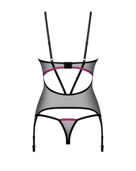 Корсет Obsessive Novenes corset & thong, XS/S, прозорий, відкрита спина, стрінги в комплекті SX0613 фото