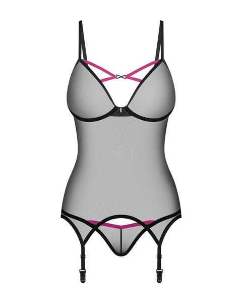 Корсет Obsessive Novenes corset & thong, XS/S, прозорий, відкрита спина, стрінги в комплекті SX0613 фото