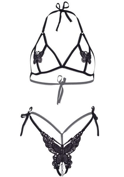 Еротичний комплект з відкритою чашкою Leg Avenue Open cup bra and pearl panty One Size Black SO9154 фото